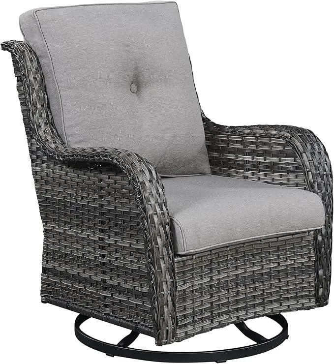 Outdoor Patio Swivel Rocker Chairs - Single Wicker Rattan Patio Swivel Rocking Chair with High Back,Deep Seating and Comfort Cushions for Deck Porch Garden,Mixed Grey/Grey by GreenHaven Gardens