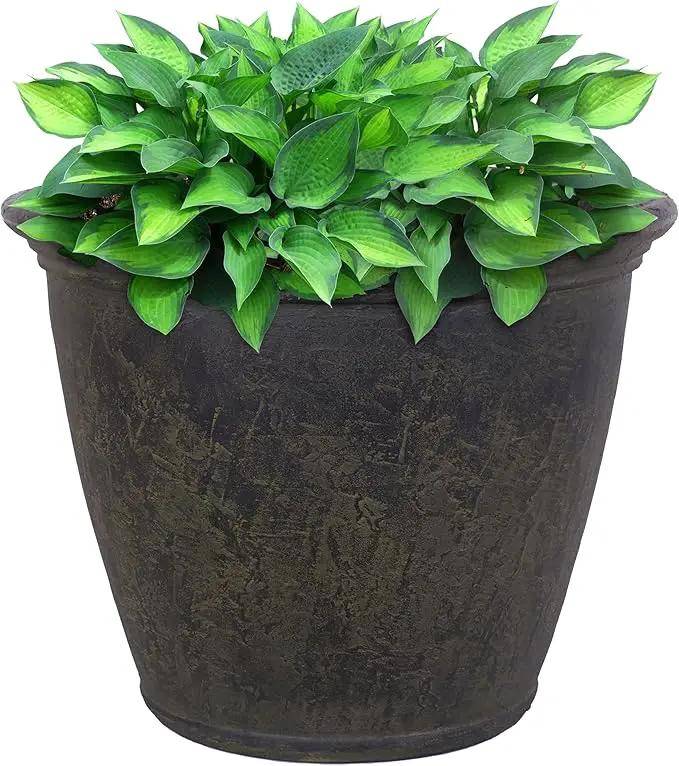 Sunnydaze 24-Inch Anjelica Large Plastic Pot for Plants - Outdoor Polyresin Round Planter with Drillable Drainage Holes - Sable by GreenHaven Gardens
