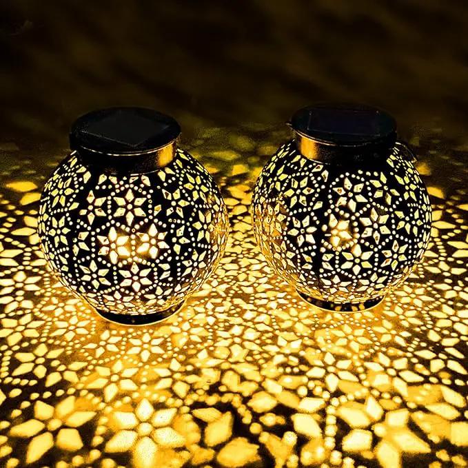 2 Pack Outdoor Solar Lantern Lights, Waterproof Tabletop LED Moroccan Lanterns, Hanging Metal Decorative Garden Lights for Patio, Lawn, Porch, Backyard by GreenHaven Gardens
