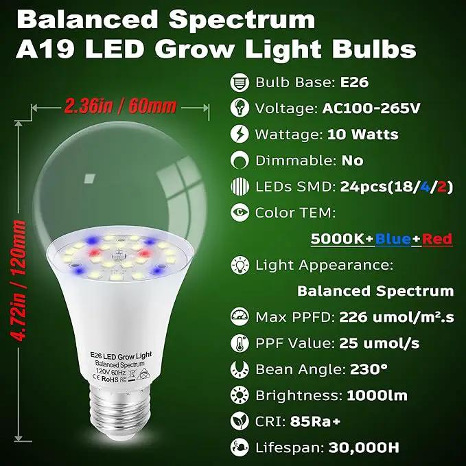 Grow Light Bulbs for Indoor Plants Full Spectrum,E26 A19 Grow LED Lamp Bulb 10W with Balanced Spectrum 5000K Red Blue for Seeds Greens Laboratory,School,Greenhouse, Indore Garden, Hydroponic,3Pack by GreenHaven Gardens
