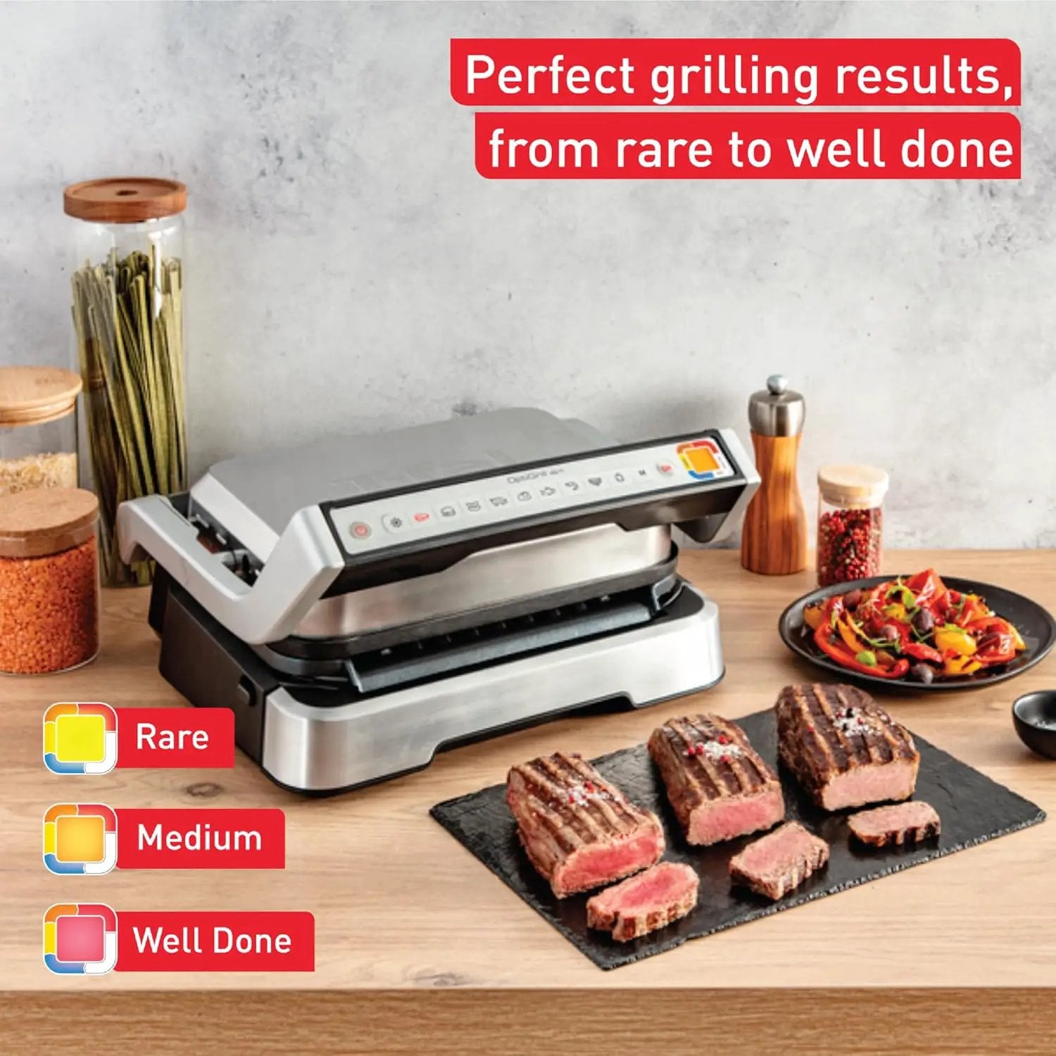 T-fal, Electric Grill, OptiGrill 4in1, Stainless Steel, 9 Automatic Cooking Modes, Intelligent Grilling Rare to Well-Done, 1800 Watts, Nonstick Removable Plates, Dishwasher Safe, Indoor, Silver by GreenHaven Gardens