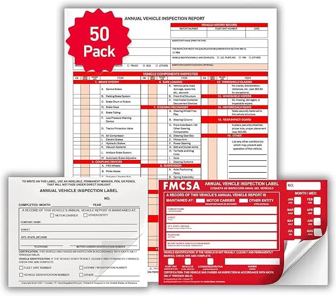 50 Pack 3-Ply Carbonless Annual Vehicle Inspection Report Forms with FMCSA Red Aluminum Labels & White Mylar Laminate Vinyl Labels, DOT Inspection Forms and Stickers, Shrink-Wrapped, 8.5" x 11.75" by GreenHaven Gardens