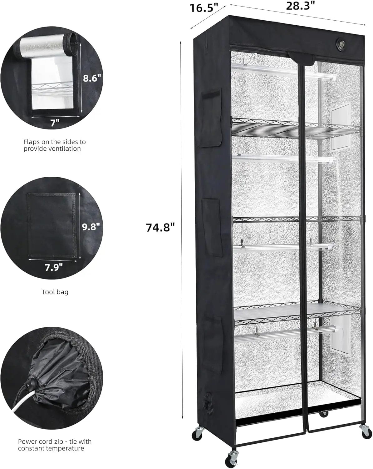 WORTH Mini Greenhouse with LED Grow Lights & Digital Thermo-Hygrometer – Portable Indoor Plant Grow Tent with Oxford Fabric Cover, Adjustable Shelves, Casters & Ventilation Flaps for Seed Starting by GreenHaven Gardens