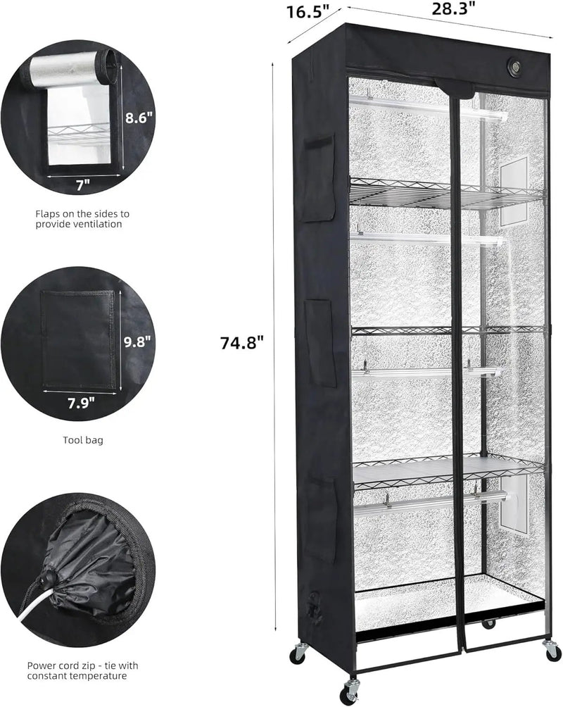 WORTH Mini Greenhouse with LED Grow Lights & Digital Thermo-Hygrometer – Portable Indoor Plant Grow Tent with Oxford Fabric Cover, Adjustable Shelves, Casters & Ventilation Flaps for Seed Starting by GreenHaven Gardens