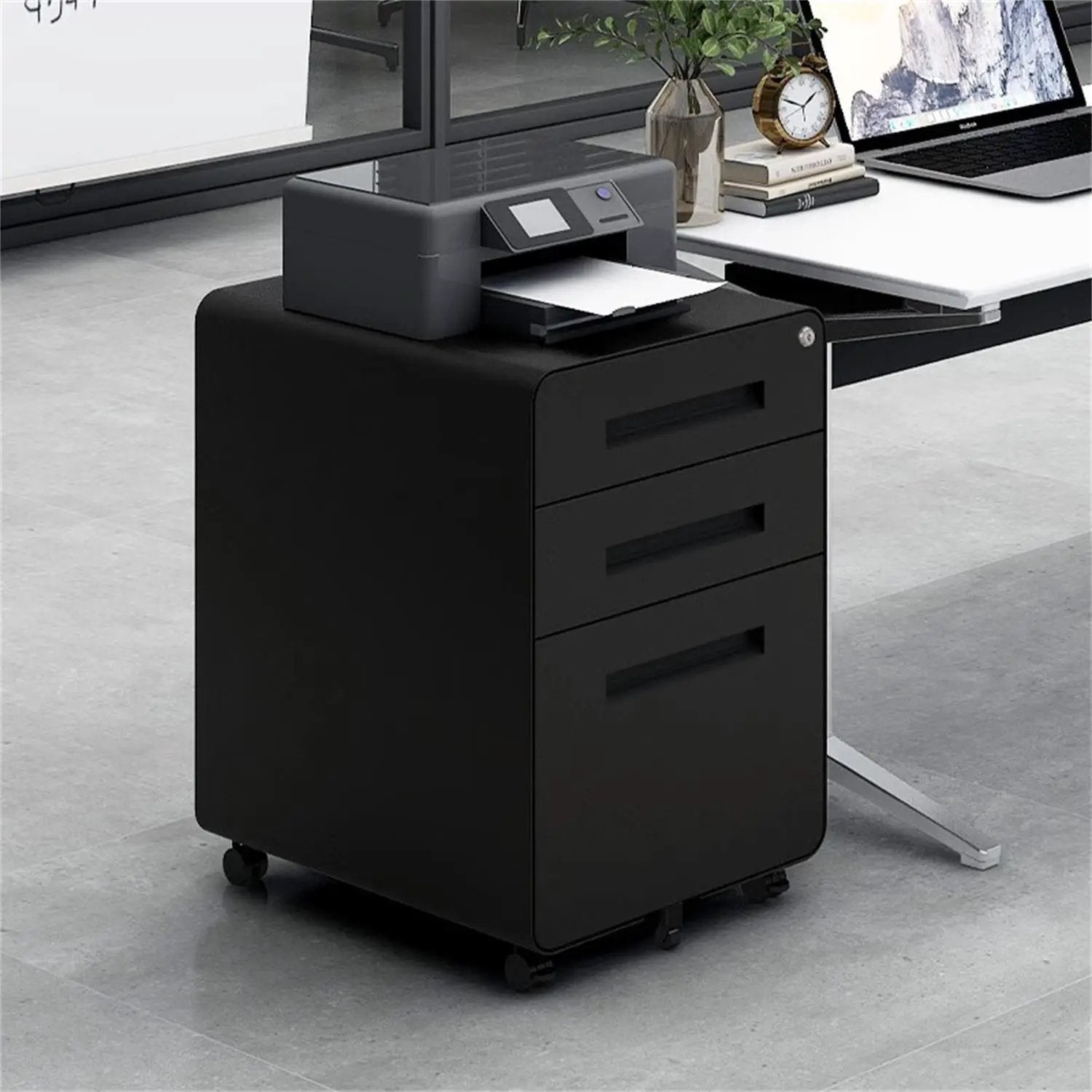 3 Drawer Mobile File Cabinet Under Desk Office, Simple Style Versatile Storage Cabinet For Legal / Letter / A4 Files, 5 Wheel Design Anti-Tilting Cold Rolled Steel Waterproof Moisture-Proof by Unique Piece Furniture