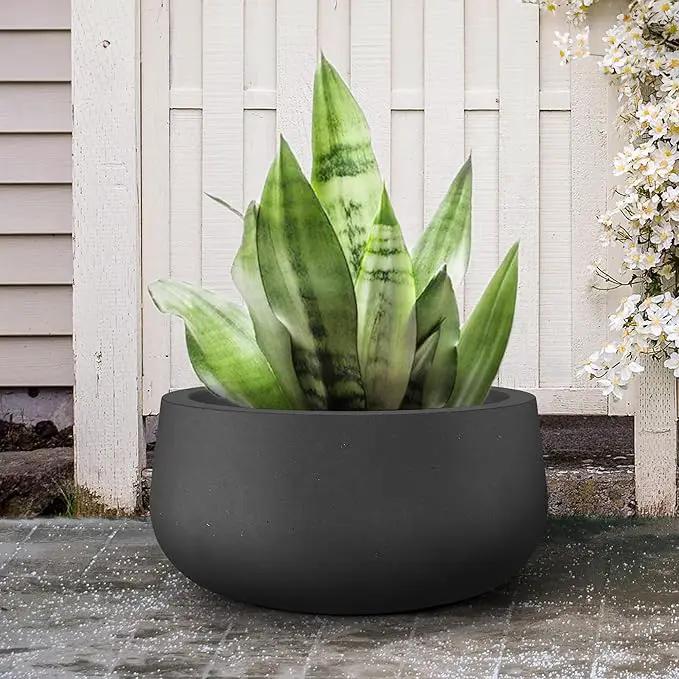 Kante 19.6" Dia Round Concrete Planter, Cement Plant Pots with Drainage Hole and Rubber Plug for Outdoor Indoor Garden Home, Modern Curvaceous Design, Black by GreenHaven Gardens