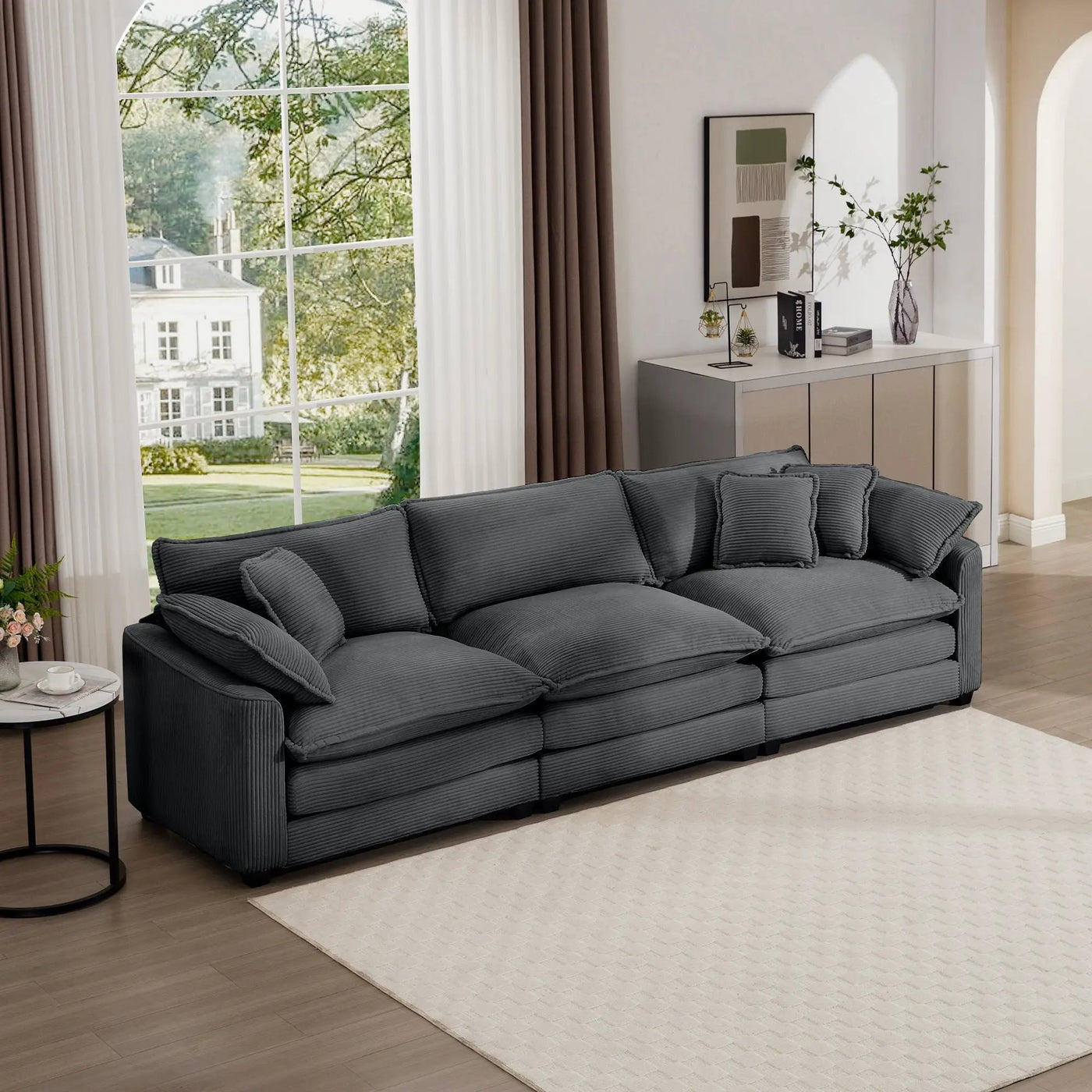 Mid-Century Modern 3 Seater Sectional Sofa With Arm And Throw Pillows by Unique Piece Furniture