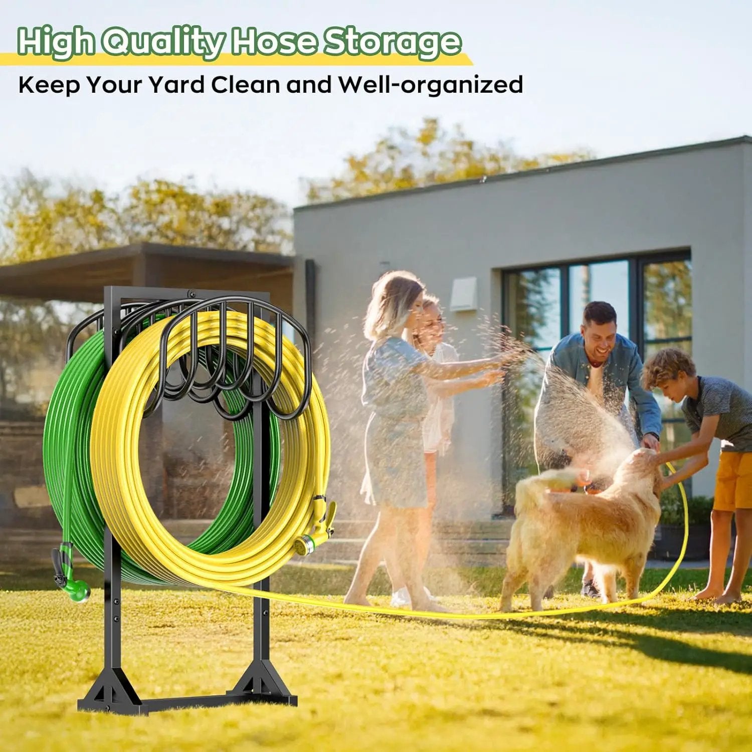 Garden Water Hose Holder Holds 2 * 150Ft Hoses, Heavy-Duty Metal Freestanding Hose Holder with 4 Spikes, Rustproof Garden Hose Reels Hose Hanger Storage for Outside, Yard, Lawn, Farm, Black by GreenHaven Gardens