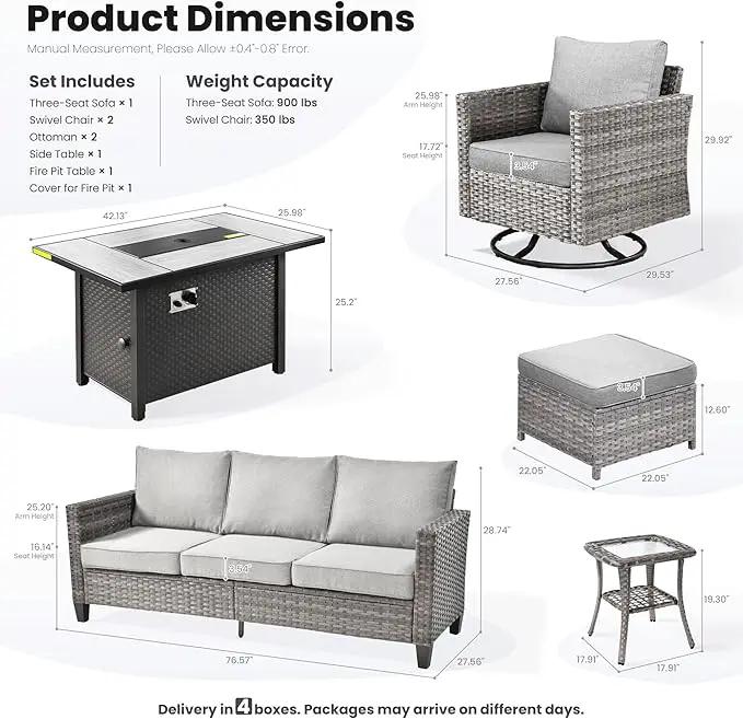 ovios 7 Pieces Patio Furniture Set with 42" Fire Pit Table, Outdoor Wicker Sofa with Swivel Chairs, All Weather High Back Rattan Couch Conversation Set, Dark Grey by GreenHaven Gardens