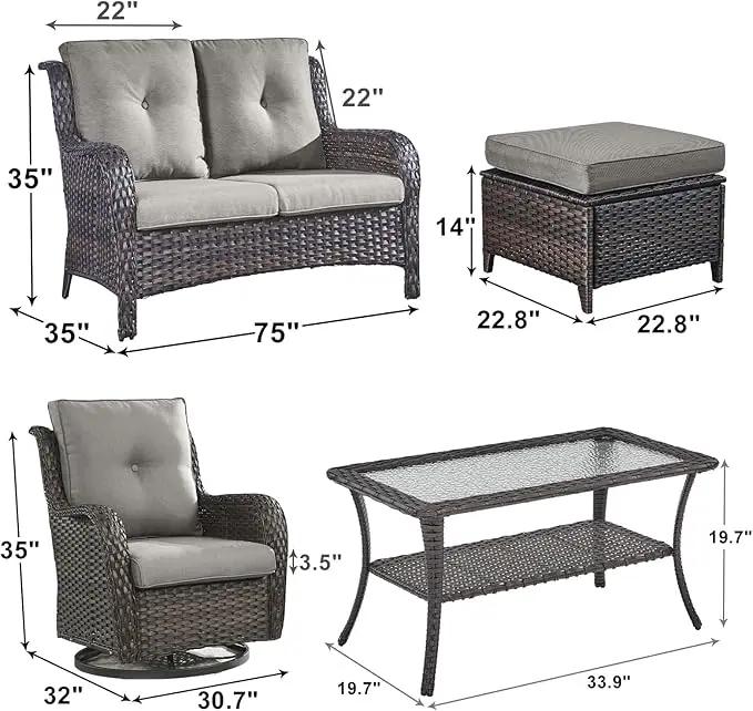 Outdoor Wicker Patio Furniture Set - 6 Piece Rattan Patio Conversation Set with 2 Rocking Swivel Chairs,2 Ottomans,1 Loveseat and 1 Coffee Table for Porch Deck Backyard Garden(Brown/Grey) by GreenHaven Gardens