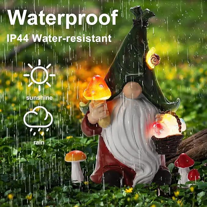 Mushroom-Picking Gnome Solar Garden Statue with 3 LED Lights, Set with 1 Gnome and 2 Small Mushroom, Lovely Garden Gnome Set for Patio, Yard, Lawn Ornament, Outdoor Decor by GreenHaven Gardens