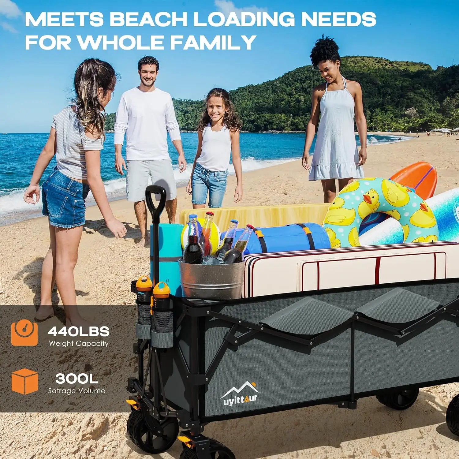 300L Extra Large Collapsible Foldable Wagon, 440lbs Load Capacity 48''L Extended Heavy Duty Folding Beach Wagon with Big All-Terrain Wheels, Utility Garden Cart for Outdoor Activities, Gray by GreenHaven Gardens