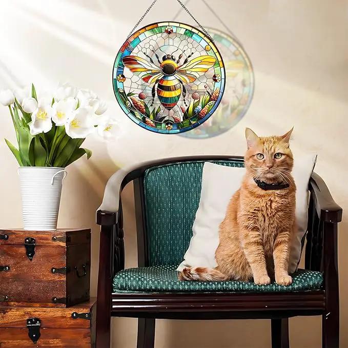 RIVEENY Bumblebee Stained Glass Window Hangings,8''Bee Suncatcher Stained Glass Window Panel Gift for Christmas Anniversary Birthday Mother's Day by GreenHaven Gardens