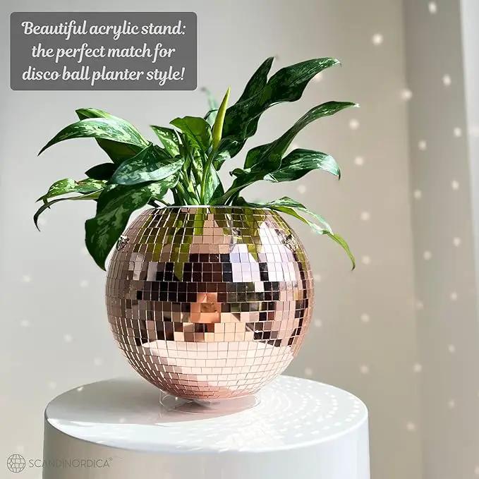 SCANDINORDICA Disco Ball Planter – Value Package: Mirror Disco Planter with Chain, Macrame Hanger and Acrylic Stand for Desk, Self Watering Insert, Plant Lover Gifts | 10 inch Rose Gold by GreenHaven Gardens