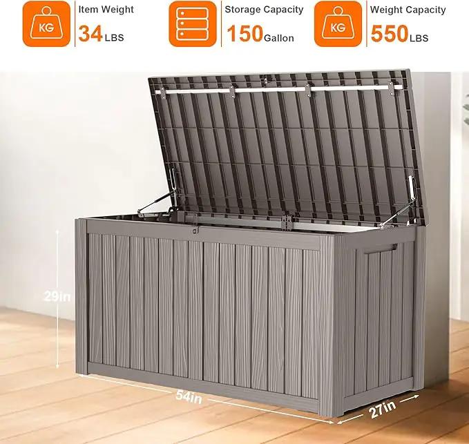 150 Gallon Resin Deck Box, Lockable Patio Outdoor Storage Box for Furniture, Garden Tools and Tools Storage, Waterproof Outside Storage Boxes - Grey by GreenHaven Gardens