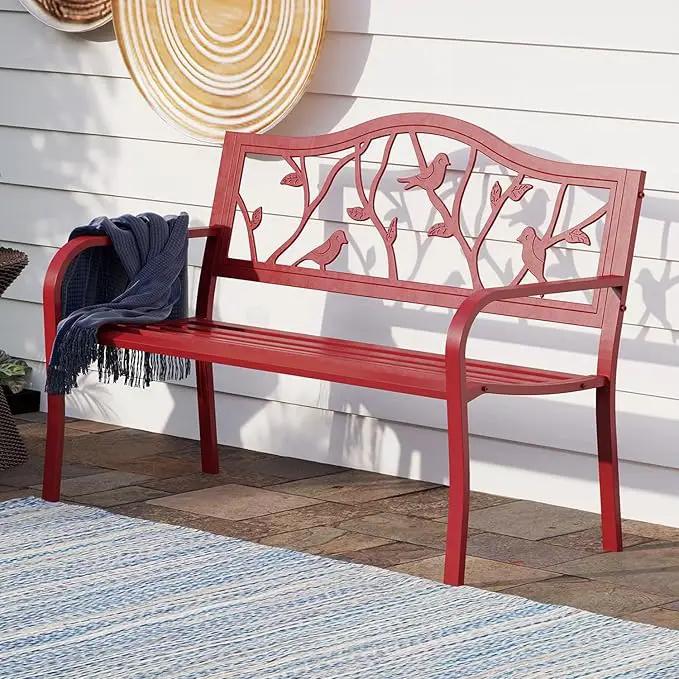 PHI VILLA Outdoor Patio 50" Metal Park Bench Red, Steel Frame Bench with Backrest and Armrests for Porch, Patio, Garden, Lawn, Balcony, Red Bird by GreenHaven Gardens