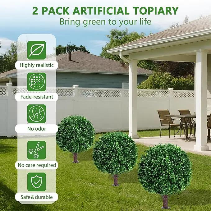 Artificial Boxwood Topiary Ball Tree Set of 2, UV Resistant Artificial Outdoor Shrubs with Spike, Decorative Evergreen Fake Topiary Bushes Plant for Front Porch Garden by GreenHaven Gardens
