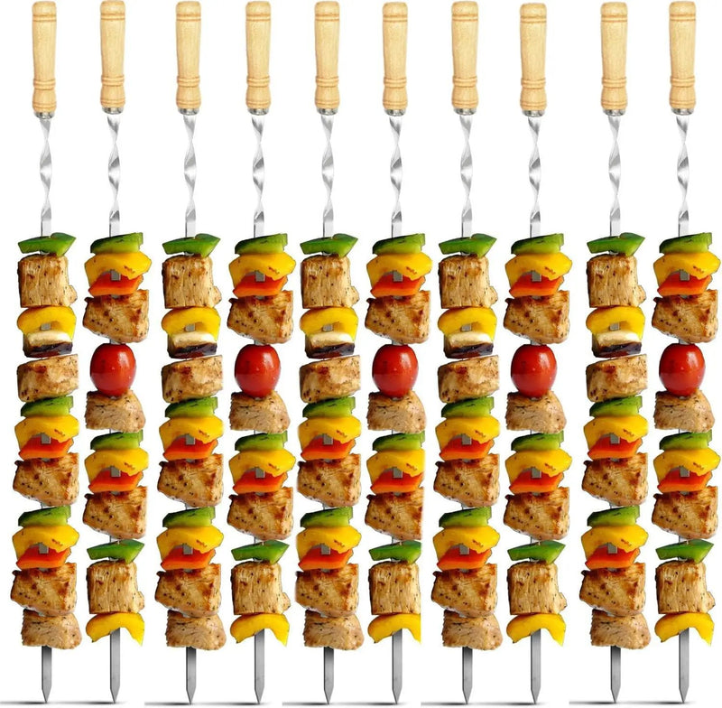 Antallcky 12 Pack Kebab Skewers 22 Inch BBQ Barbecue Skewers Stainless Steel Sticks Heavy Duty Large Wide Reusable with Nonslip Wooden Handle Ideal for Shish Kabob Chicken Shrimp and Vegetables by GreenHaven Gardens