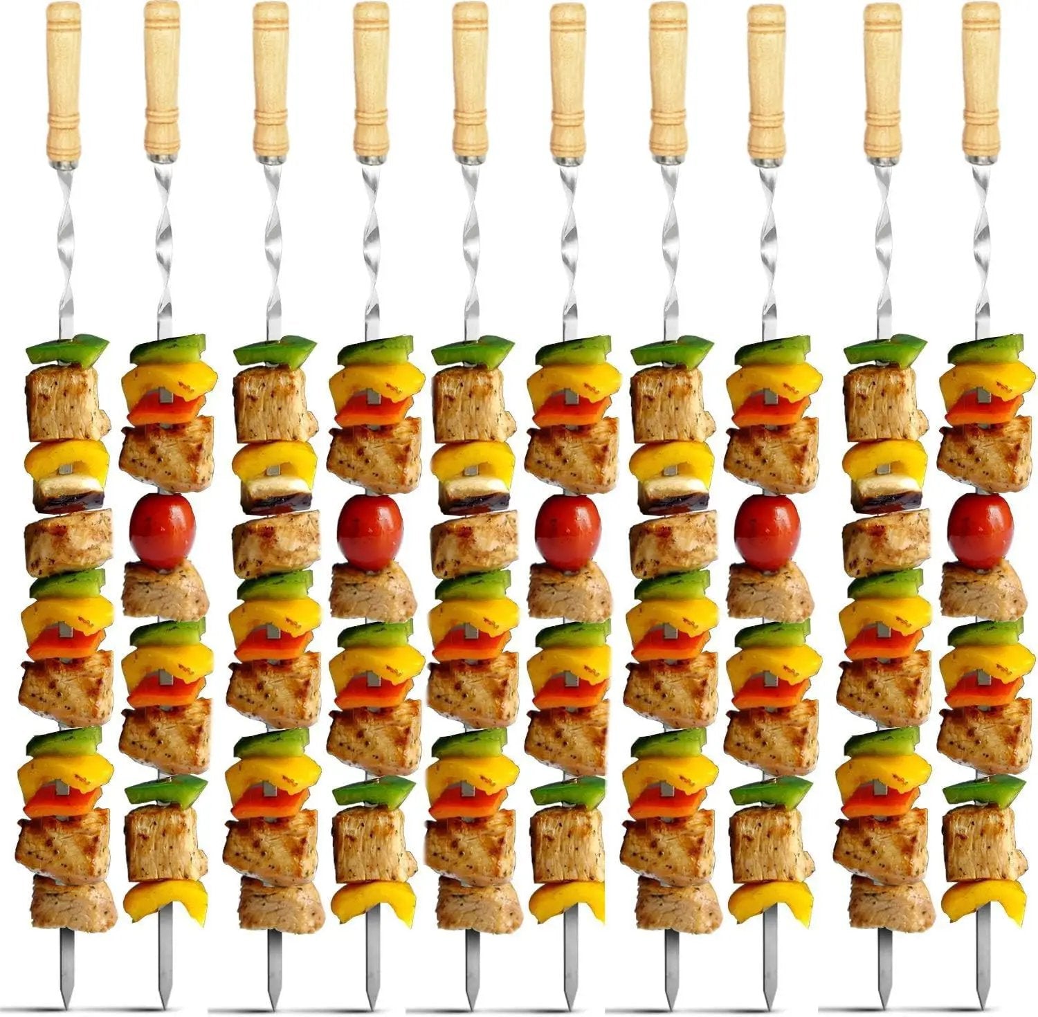 12 Pack Kabob Skewers BBQ Barbecue Skewers Stainless Steel Sticks 22 Inch Heavy Duty Large Wide Reusable with Nonslip Wooden Handle Ideal for Shish Kebab Chicken Shrimp and Vegetables by GreenHaven Gardens
