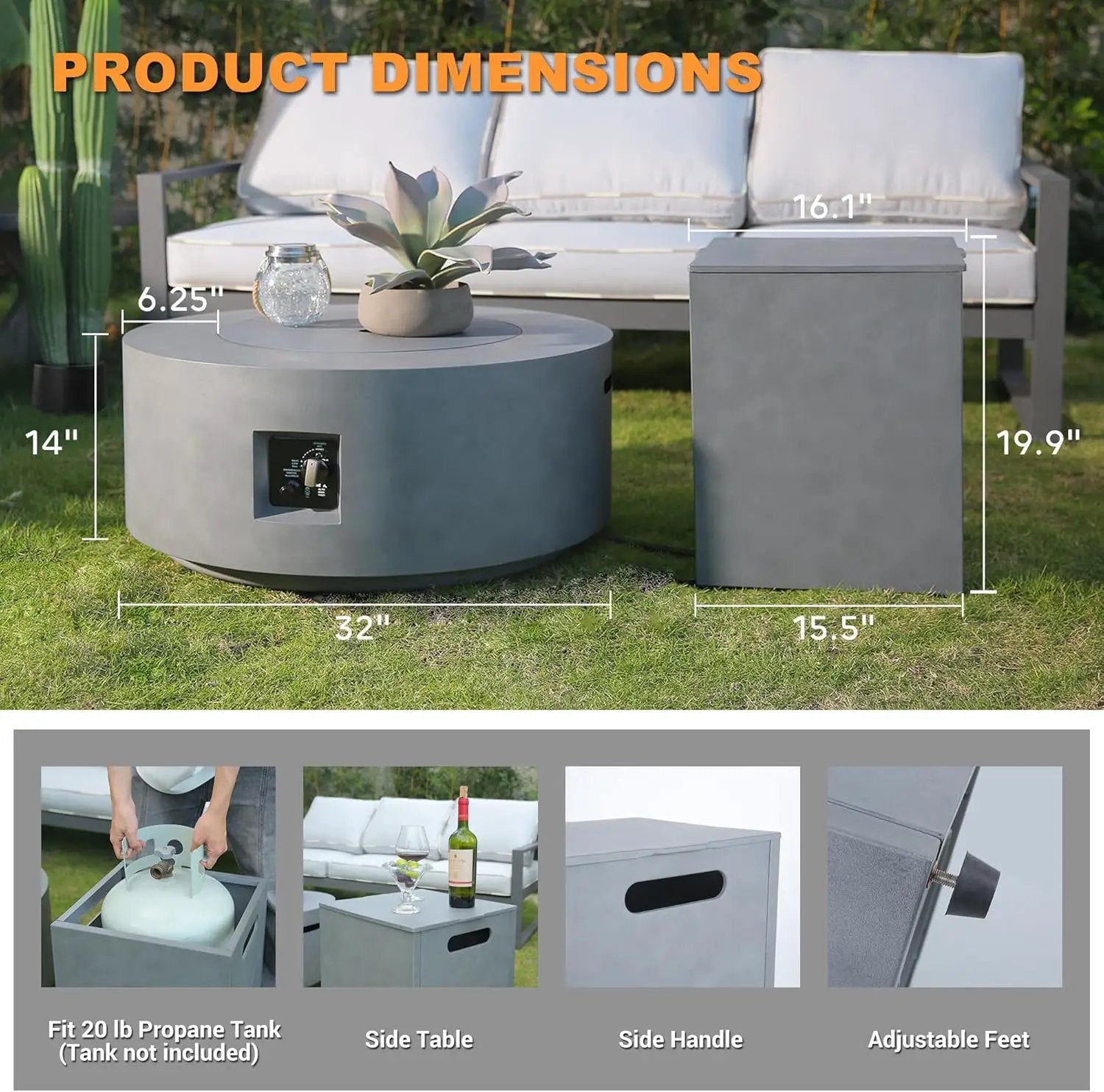 32 Inch Fire Pit Table, 3-Piece Outdoor Propane Fire Pit Table 65,000 BTU Round Gas Firepit, Wind Guard, 16 inches Tank Side Table and Baking Sheet for Garden, Patio, Grey by GreenHaven Gardens