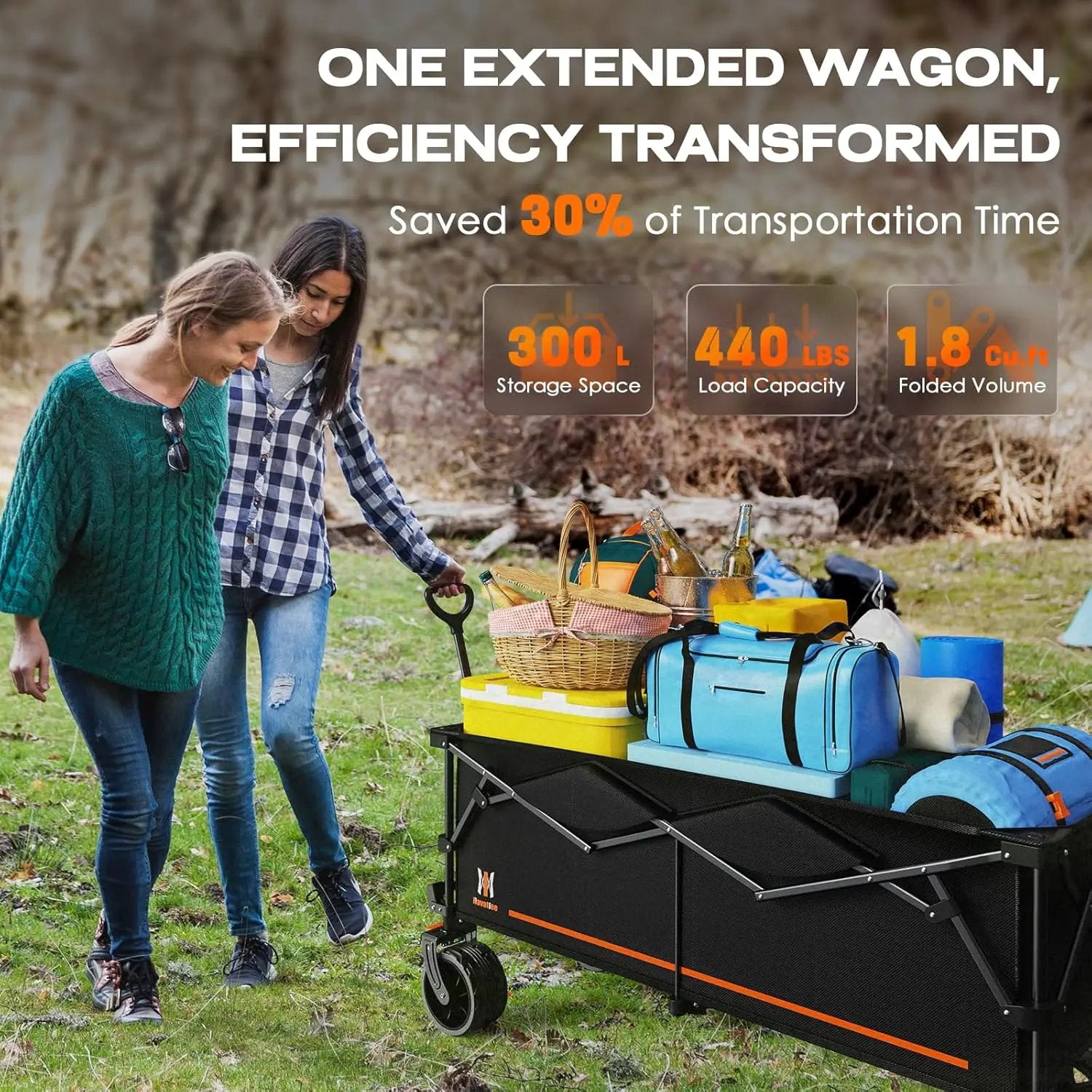 Navatiee 300L Collapsible Wagon Cart Foldable Extra Large, 48''L Folding Extended Beach Wagon with 440LBS Weight Capacity and Big All-Terrain Wheels, Heavy Duty Utility Garden Cart for Sports Outdoor by GreenHaven Gardens
