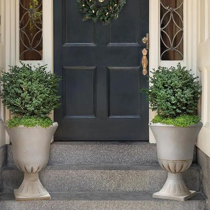 Worth Garden Plastic Urn Planters for Outdoor Plants, Tree 22'' Tall 2 Pack Round Classic Resin Flower Pots Indoor Beige Traditional Front Porch 15 in Dia. Large Imitation Stone Decorative Patio Deck by GreenHaven Gardens