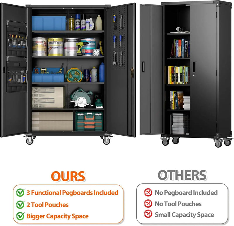 Aobabo Extra Large Cabinet on Wheels, Metal Storage Cabinet with Pegboards, Steel 2 Handles Locking Doors and Adjustable Shelves, for Garage Office, Black, 43.3''W x 21.6''D x 72''H, Assembly Required by GreenHaven Gardens