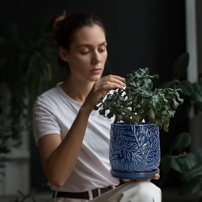D'vine Dev 6 Inch Embossed Leaves Stoneware Planter Pot with Drainage Hole and Saucer, Midnight Blue, 27-A-X-3 by GreenHaven Gardens