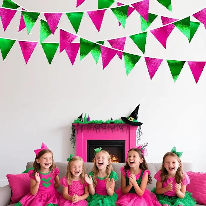 Pink and Green Party Decorations Metallic Hot Pink Light Green Fabric Triangle Pennant Banner Flag Bunting Garland for Witches Theme Birthday Wedding Baby Shower Engagement Bachelorette Party Supplies by GreenHaven Gardens