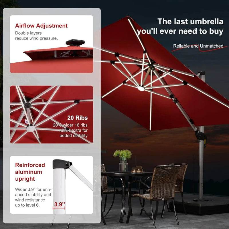 PURPLE LEAF 9' X 12' Solar Powered LED Rectangle Patio Umbrella Offset Cantilever Umbrellas Outdoor Market Umbrella Double Top Deluxe Garden Umbrellas, Terra by GreenHaven Gardens