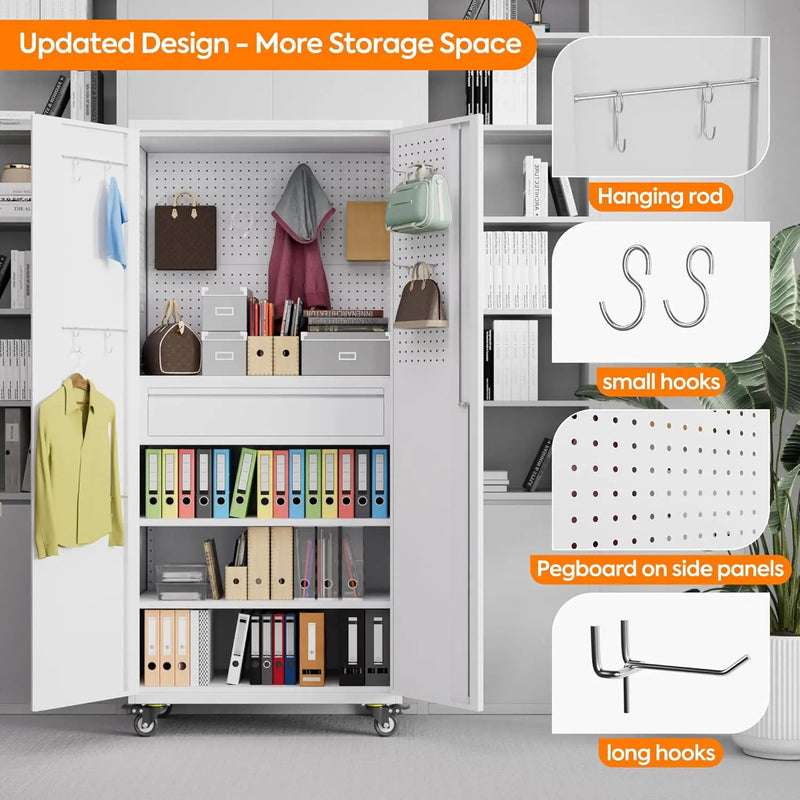 Aobabo Metal Storage Cabinet with Wheels and 1 Interior Drawer, Steel Rolling Tool Cabinet with 16 Hooks and 2 Adjustable Shelves for Garage, Home, Office, Kitchen Assembly Required, White by GreenHaven Gardens