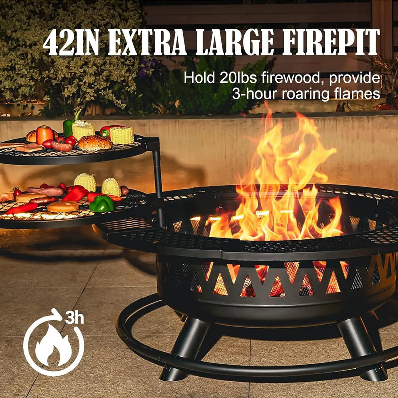 42 Inch Fire Pit with 2 Grills, Large Outdoor Firepits for Outside, Wood Burning Fireplace for Camping,Picnic,Bonfire, 3-in-1 Round Metal Table with Lid for Backyard,Patio,Party by GreenHaven Gardens