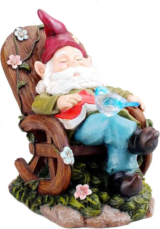 Solar Powered Gnome Sleeping in a Chair LED Garden Light Decor by GreenHaven Gardens