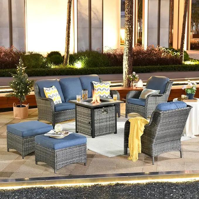 ovios 6 Pieces Patio Furniture Set with 30" Fire Pit Table, Outdoor Wicker Sofa with Ottomans, Comfy Cushions, High Back Couch Conversation Set, Grey Rattan, Denim Blue by GreenHaven Gardens