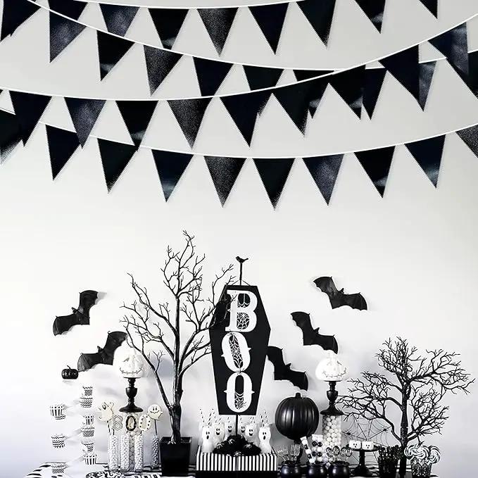 Black Party Decorations Triangle Pennant Banner Flag Black Metallic Fabric Bunting Garland for Graduation Birthday Wedding Engagement Bachelorette Holiday Halloween Celebration Hen Party Supplies by GreenHaven Gardens