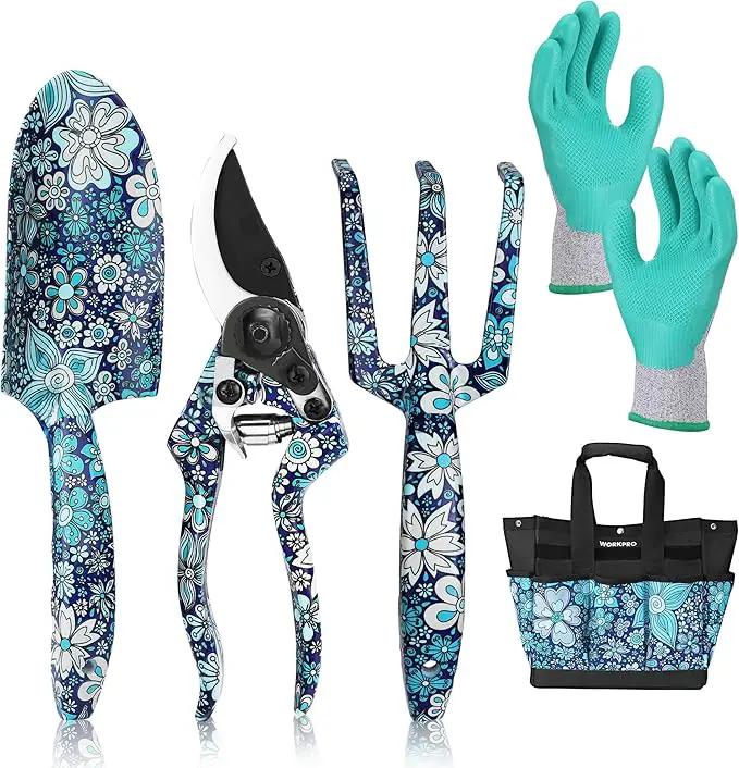 WORKPRO 5PCS Garden Tool Set, Aluminum Heavy Duty Gardening Tool Set with Garden Tool Bag, Outdoor Garden Hand Tools, Floral Blue by GreenHaven Gardens