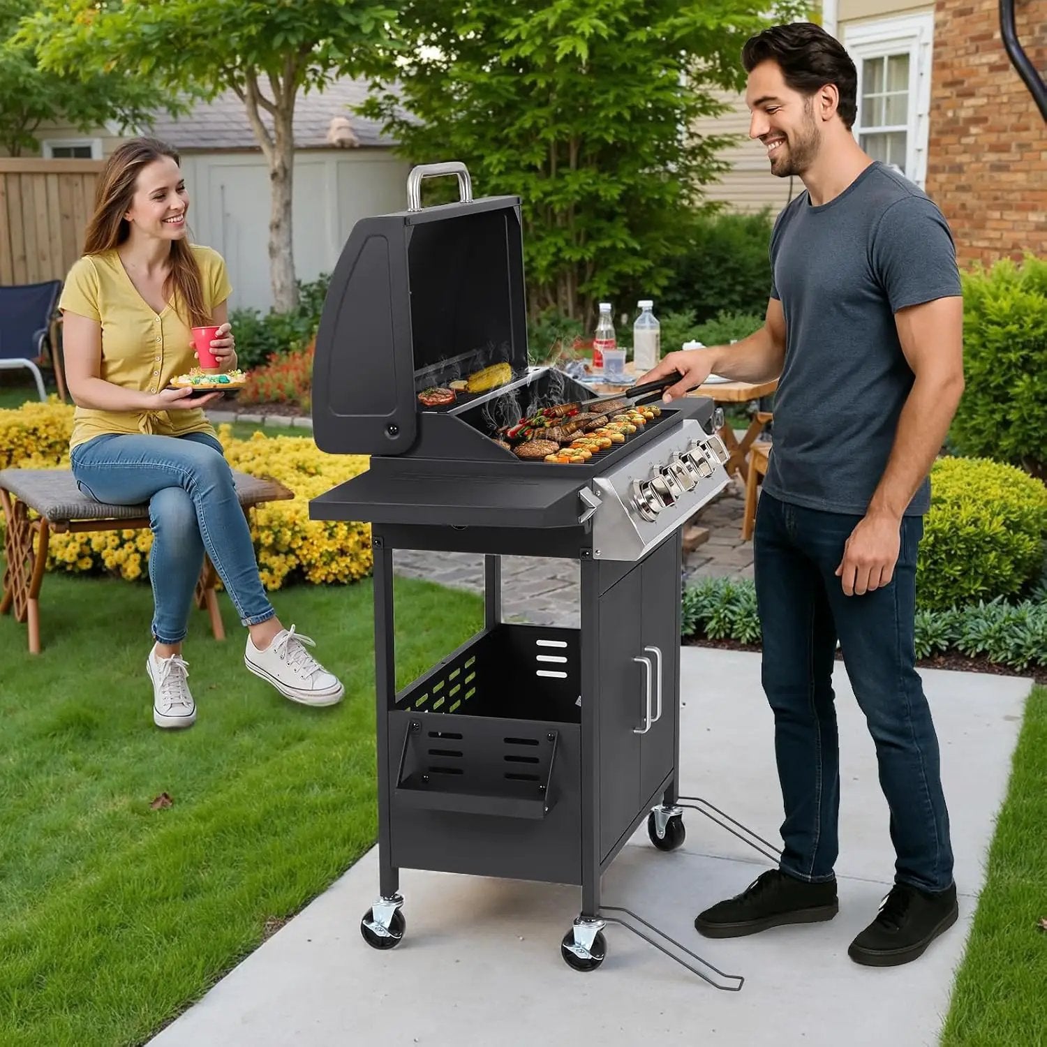 4 Burner Gas Grill with Side Burner, Stainless Steel Foldable Side Tables, 40,000 BTU, with Grease Tray, Easy Assembly for Patio, Backyard (Folding Version) by GreenHaven Gardens