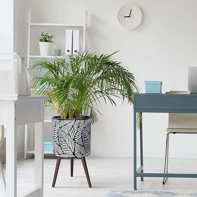D'vine Dev 14 Inch Planter Pot with Stand, Mid-Century Tall Plant Pot with Legs for Indoor Plants, X-Large, White/Grey, 88-L-D-7 by GreenHaven Gardens
