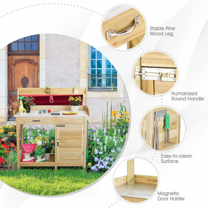 S AFSTAR Outdoor Potting Bench Table, Wooden Garden Work Station with Drawer, Storage Cabinet, Open Shelf, Side Hooks, Metal Tabletop Gardening Workbench, Potting Benches for Outside Backyard Balcony by GreenHaven Gardens