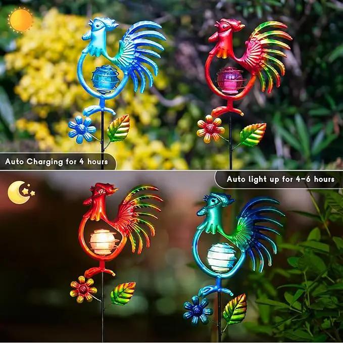 Rooster Solar Garden Lights, 2 Pack Metal Solar Stake Light, 27" H Outdoor Chicken Statues Figurine Lights for Spring Garden Lawn Patio Yard Decoration by GreenHaven Gardens