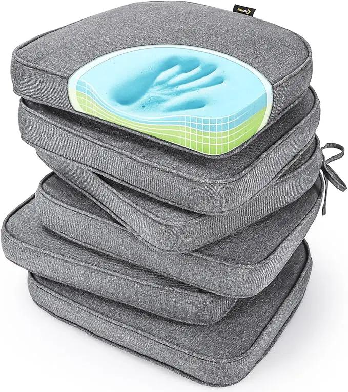 SUNROX Gel Memory Foam Chair Cushions, FadeShield Water-, Stain-Resistant Durable Reversible Seat Cushion Pads with Ties for Indoor/Outdoor Kitchen Dining Office 17"x16" Set of 6, Heather Charcoal by GreenHaven Gardens