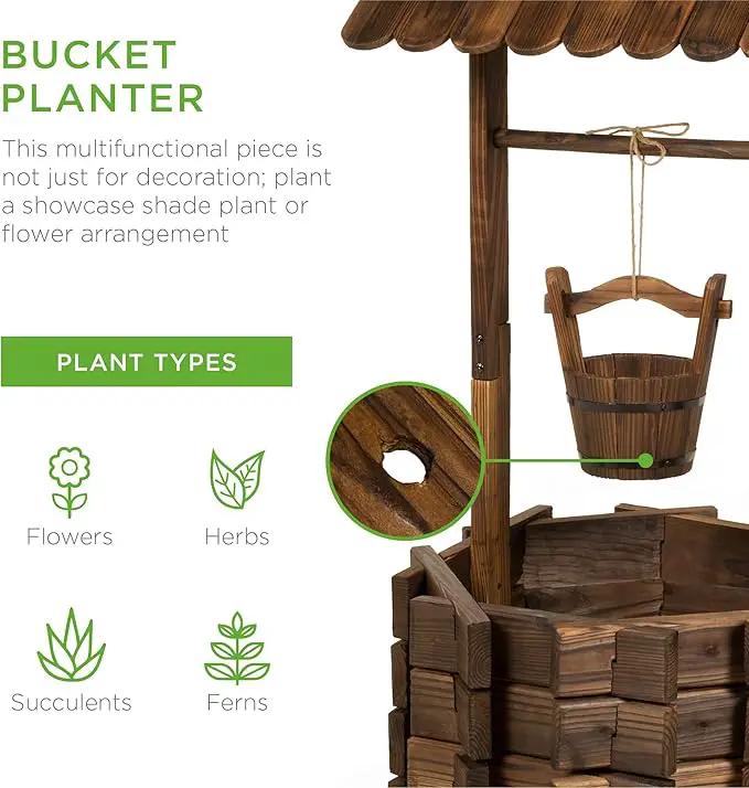 Best Choice Products Rustic Wooden Wishing Well Planter Outdoor Home Décor for Patio, Garden, Yard w/Hanging Bucket by GreenHaven Gardens