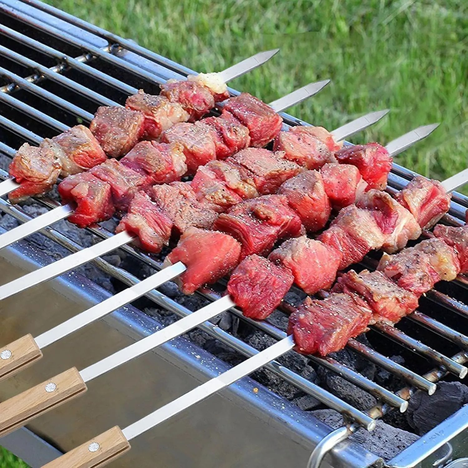 12 Pack Kebab Skewers BBQ Barbecue Skewers Stainless Steel Flat Sticks 22 Inch Heavy Duty Large Wide Reusable with Nonslip Wooden Handle Ideal for Shish Kabob Chicken Shrimp and Vegetables by GreenHaven Gardens