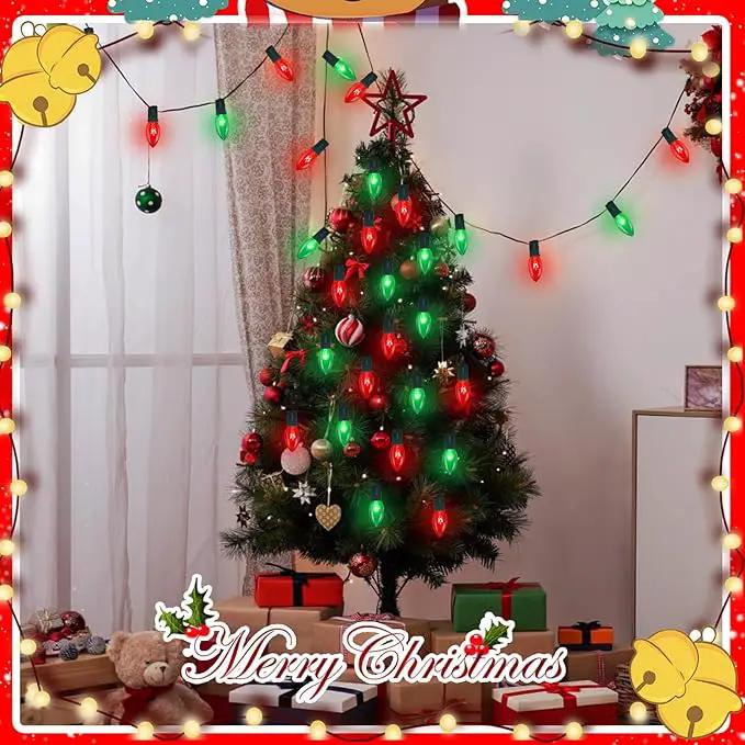25FT Red and Green Christmas Lights,C9 Incandescent Christmas Lights with 26 Bulbs(1 Spare),Hanging Outdoor Christmas Lights for Home Garden Yard Xmas Tree House Decorations