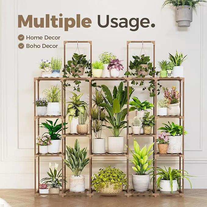 Bamworld Plant Shelf Large Plant Stand Indoor 62.2" Tall Outdoor Plant Holder Wood for Multiple Plants Hanging Plant Rack for Living Room Garden Balcony