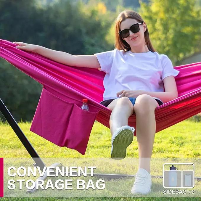 PNAEUT Double Hammocks with Stand for Outside, Portable Space Saving Heavy-Duty Steel Stand for Indoor Outdoor Patio with Carrying Bag, 450 lbs Capacity (Rose Pink) by GreenHaven Gardens