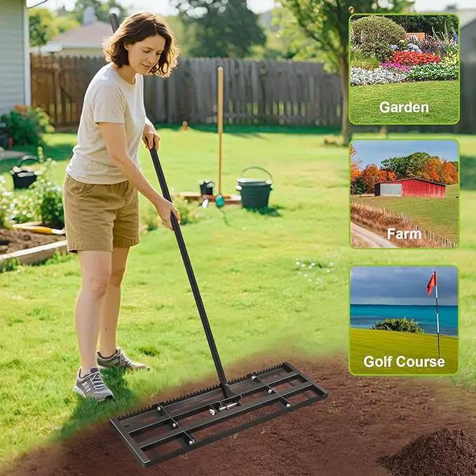 Lawn Leveling Rake-32"x10" Heavy Duty Leveler Reinforced Landscape Tool, Steel Golf Rake with Serrated Edge & Smooth Plate for Level Soil Compost Sand Grass Dirt Yard Garden 6.5FT Adjustable Handle by GreenHaven Gardens