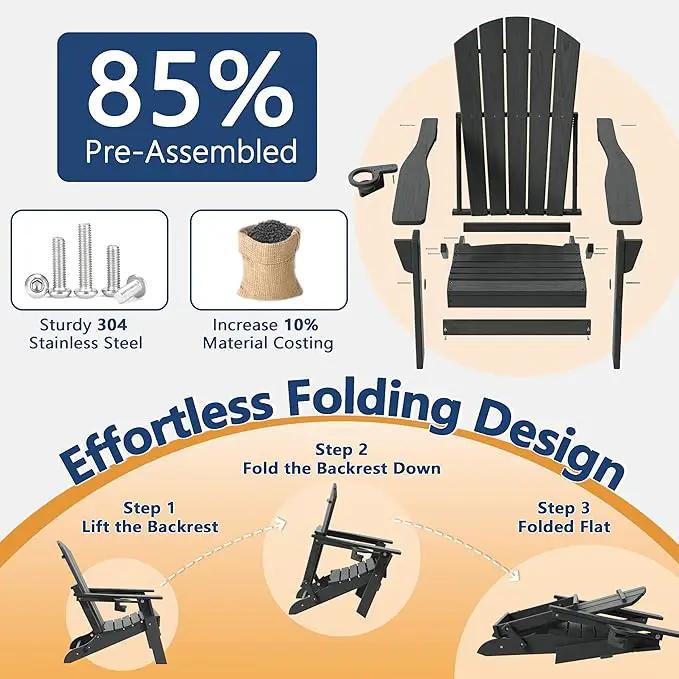 Folding Adirondack Chair Set of 2 with Cup Holder, HDPE All Weather Resistant Plastic Outdoor Patio Chairs, Heavy Duty Fire Pit Seating for Backyard Lawn Garden, Wooden Textured Design(Gray) by GreenHaven Gardens
