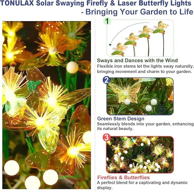 TONULAX Solar Firefly&Butterfly Garden Lights - Outdoor Light for Yard Decoration, Larger Solar Panel, Waterproof LED Garden Lights for Pathway&Holiday Decor (4pack) by GreenHaven Gardens