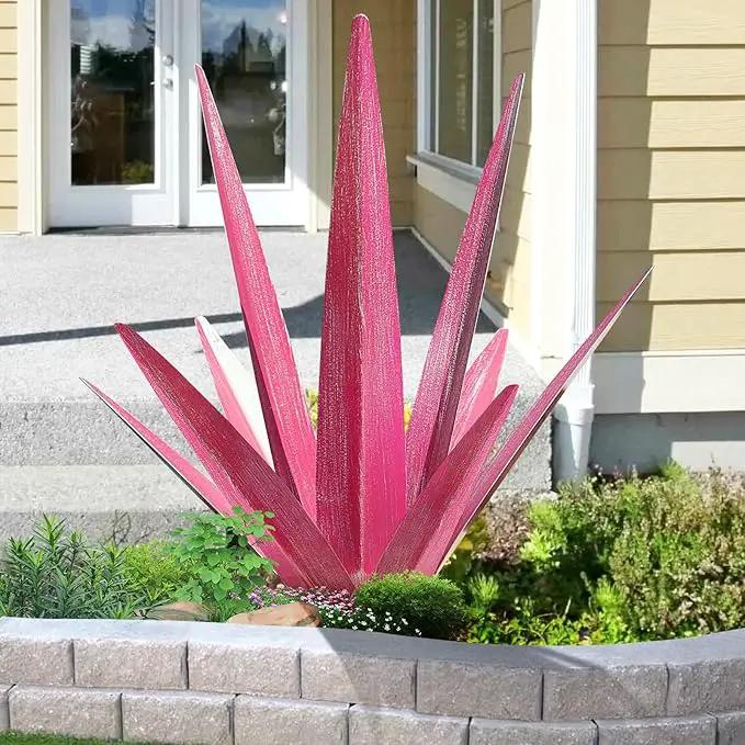 Large Tequila Rustic Sculpture, Rustic Metal Agave Plants for Outdoor Patio Yard, Home Decor Hand Painted Metal Agave Garden Yard Statue, Outdoor Lawn Ornaments Yard Stakes (Rose Red - M) by GreenHaven Gardens